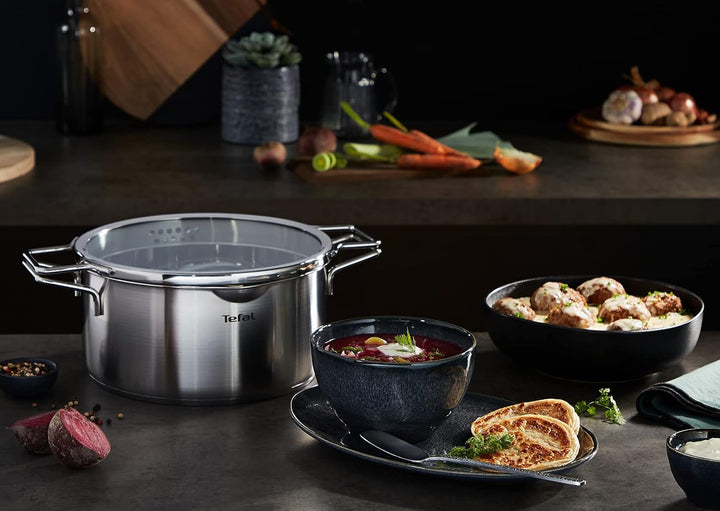 Tefal Nordica H852S655 Kochtopf, 6-teilig, 18/20/24 cm, Edelstahl + Glasdeckel, Ausgiesser, einfache