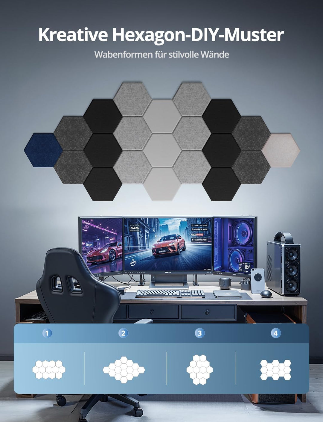 Hexagon Akustikplatten Selbstklebend, 12 Stück Hohe Dichte Schallabsorber Wand für Decken-/Tür-/Wand