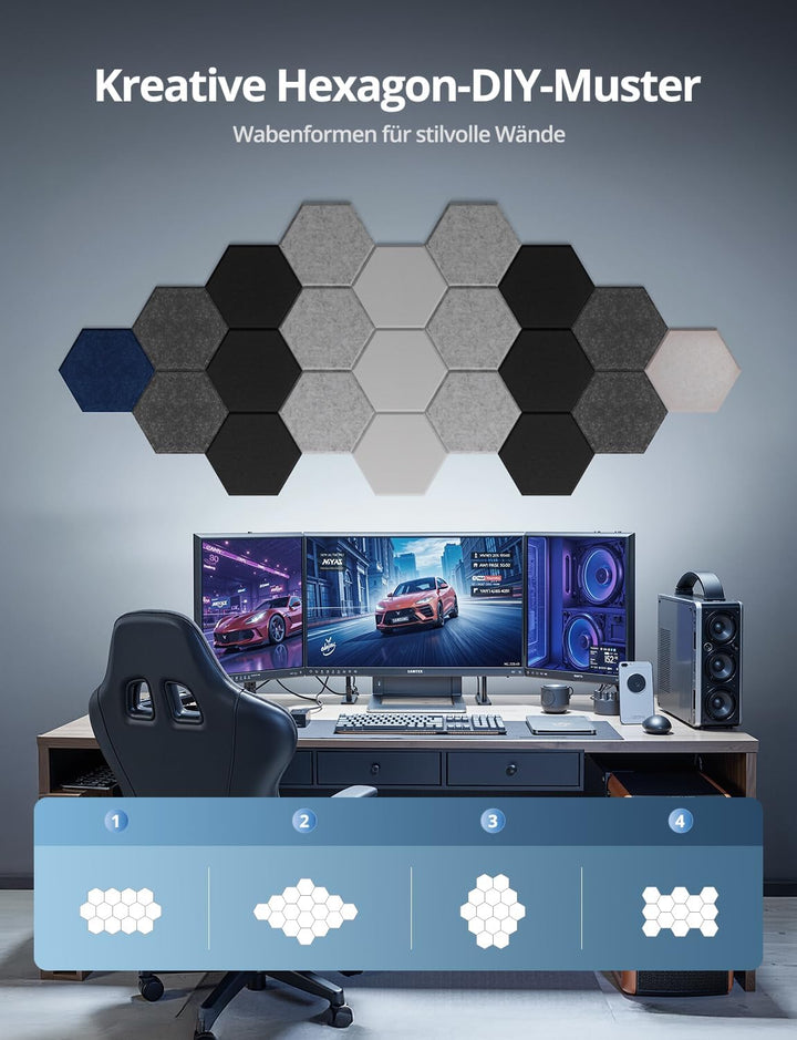 Hexagon Akustikplatten Selbstklebend, 12 Stück Hohe Dichte Schallabsorber Wand für Decken-/Tür-/Wand