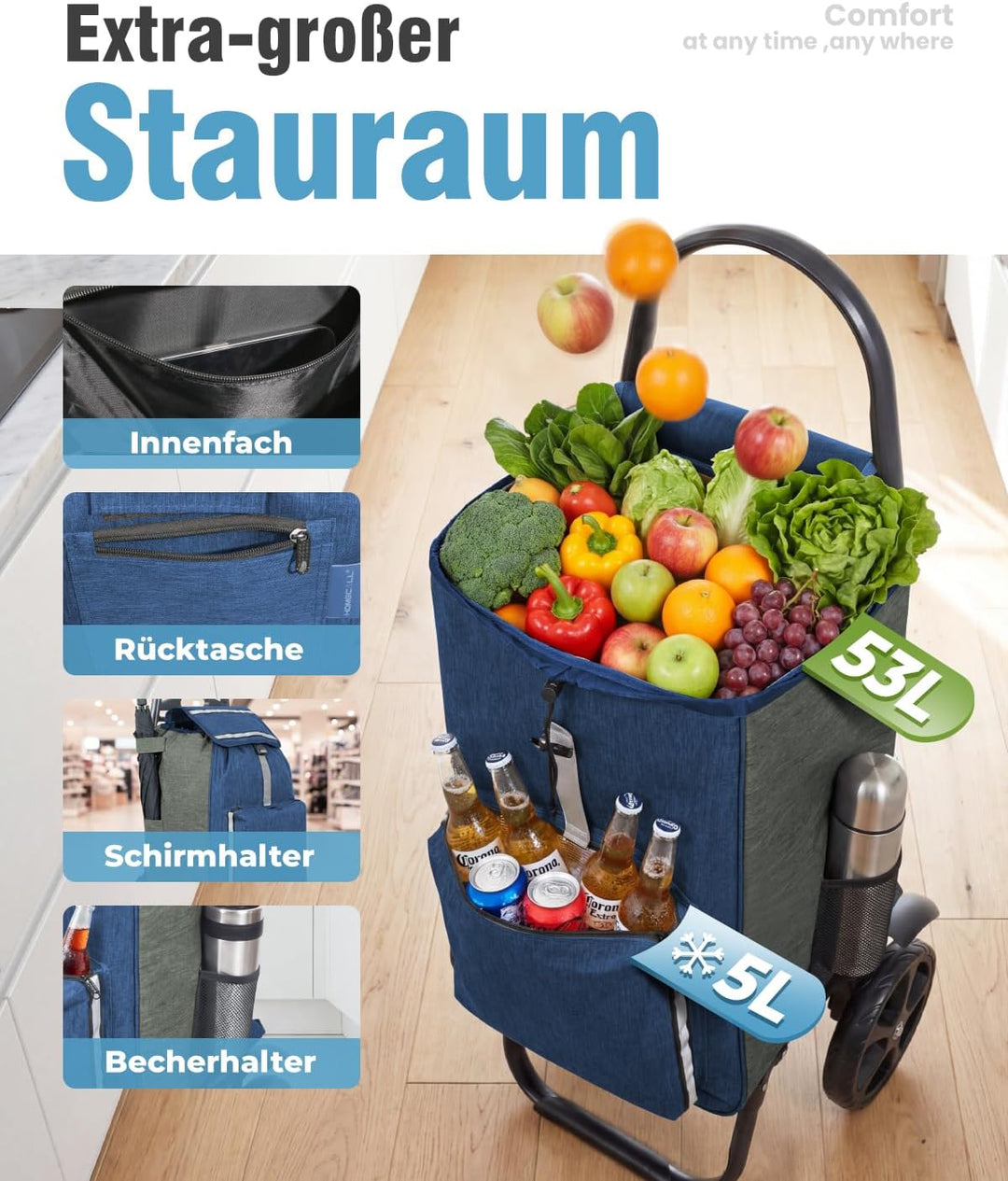 Homecall Einkaufstrolley Klappbar Einkaufswagen mit 50L + 5L kühlfunktion Bis 50KG, Einkaufstasche m