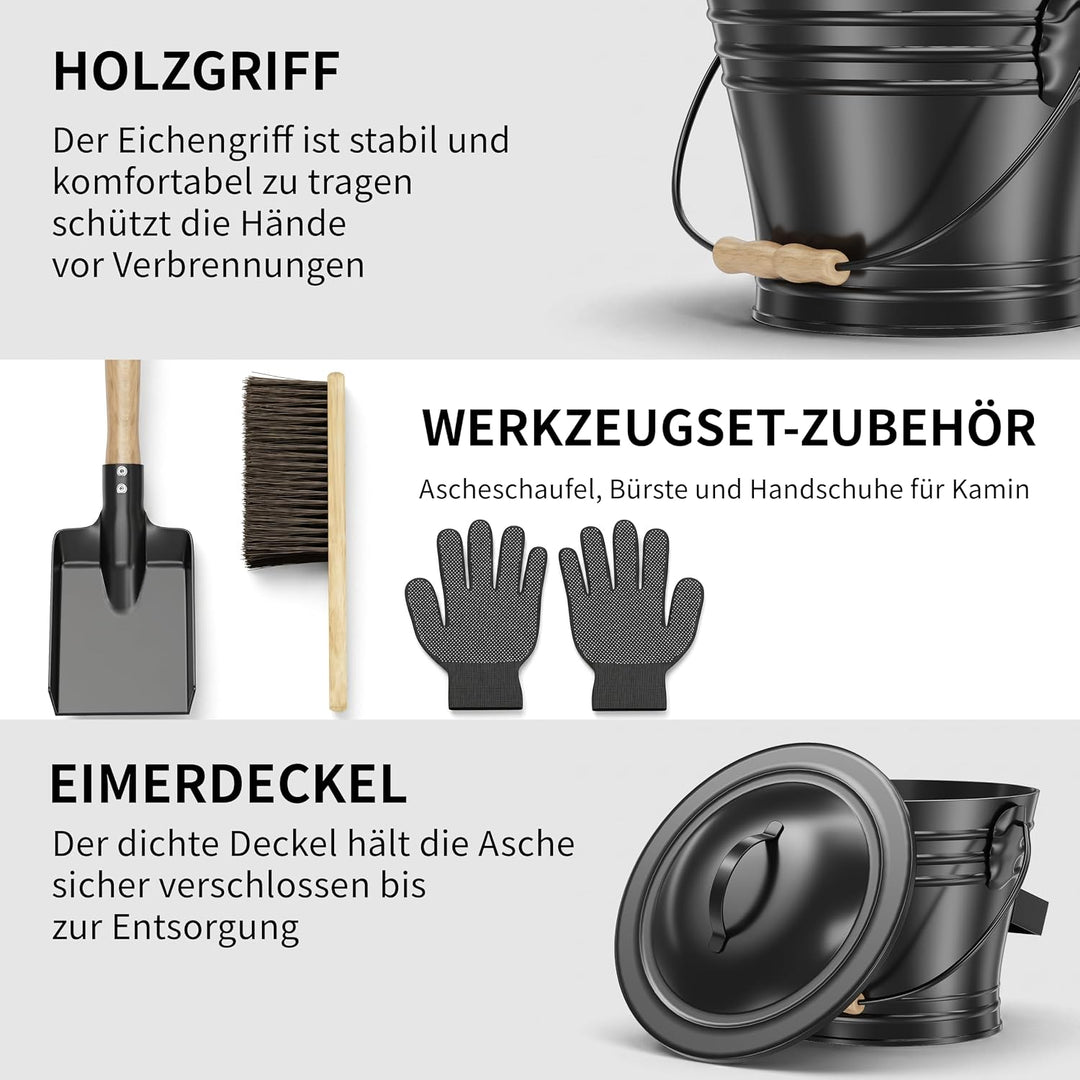 Stahlascheimer mit Deckel für Kamine, 5L Metall-Ascheeimer inklusive Handschuhe, Schaufel und Handfe