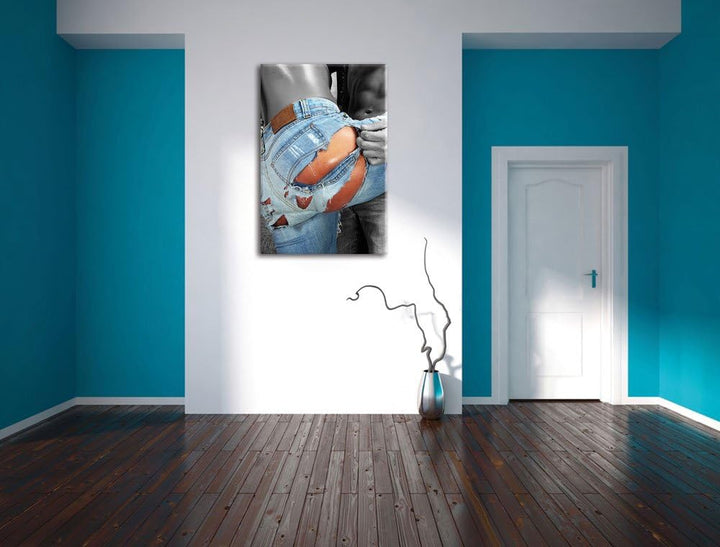 Pixxprint Frau in aufgerissener Jeans als Leinwandbild/Grösse: 100x70 cm/Wandbild/Kunstdruck/fertig