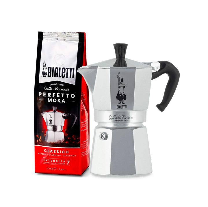 Bialetti Moka Express Espressokocher, Aluminium, Grau, 4 Tassen + Bialetti Perfetto Moka (der ideale