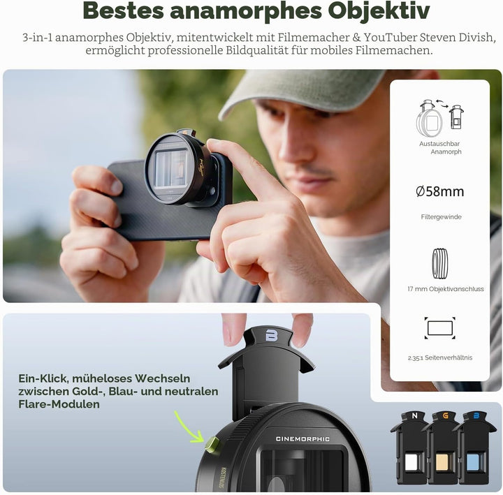 Freewell 1,33-faches anamorphes Objektiv für iPhone und Samsung – 3 Flare-Farben in einem Objektiv (