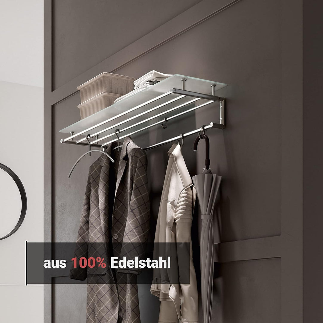 PHOS Design, G18-1000G, 100 cm Wandgarderobe mit Glasablage, Kleiderstangen aus Edelstahl matt 100 c
