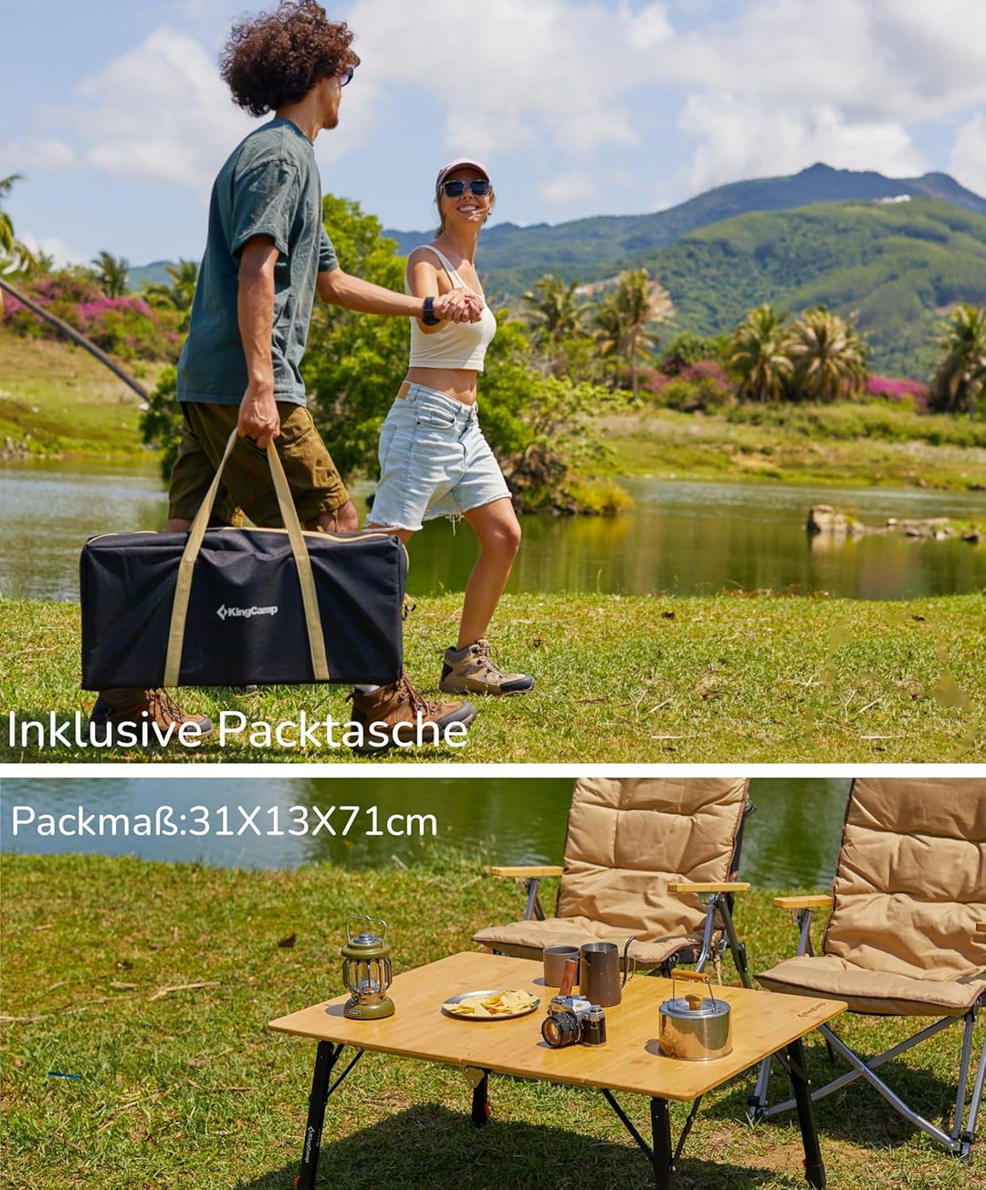 KingCamp Campingtisch Bambus 100x70 cm Klapptisch höhenverstellbar 42~70cm für 2-6 Personen 4 Falten