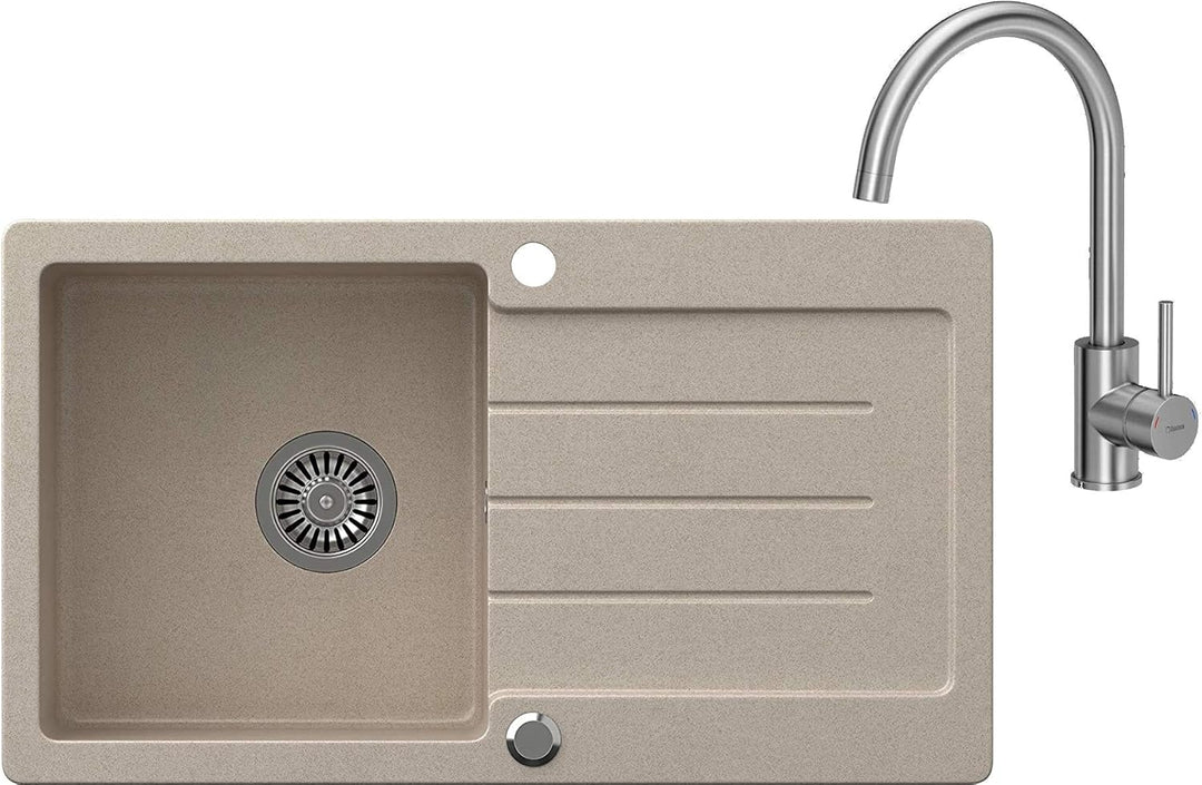 VBChome Spülbecken Beige 77 x 44 cm Granit Einzelbecken Einbauspüle gesprenkelt reversibel Verbundsp