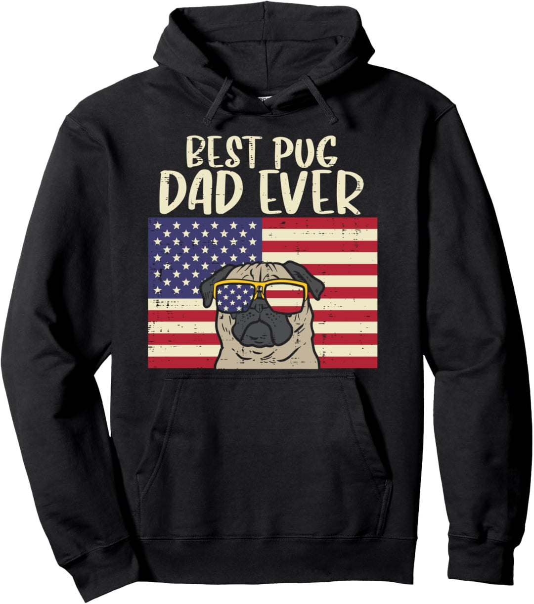 Best Pug Dad Ever US Flag Vintage Patriotic Pet Dog Men Gift Pullover Hoodie