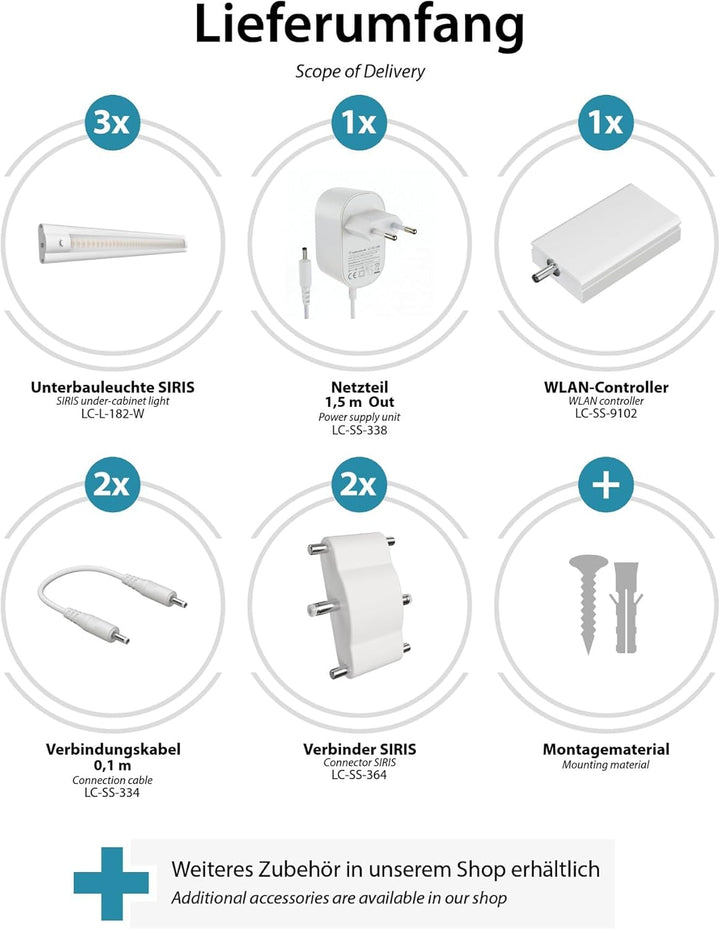 ledscom.de Smarte LED Unterbau-Leuchte SIRIS weiss matt mit WLAN-Controller, flach, Smart-Home, Alex