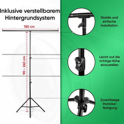PIXETOOL - Greenscreen mit Ständer (2,6m x 1,5m) - Fotohintergrund - Fotostudio – Green Screen - Hin
