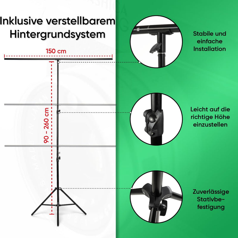 PIXETOOL - Greenscreen mit Ständer (2,6m x 1,5m) - Fotohintergrund - Fotostudio – Green Screen - Hin
