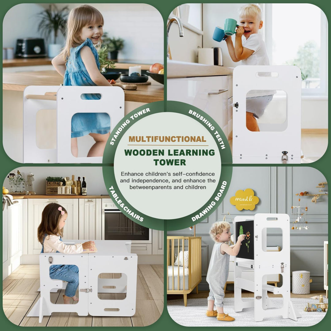 Labebe Lernturm für Kinder, Montessori Faltbarer Lernturm mit Tafel, Multifunktion 3 in 1 Learning T