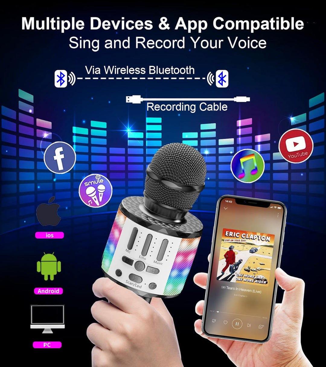 Karaoke Mikrofon, Drahtloses Bluetooth Mikrofon Kinder mit LED, Tragbares Karaoke Maschine zum Singe