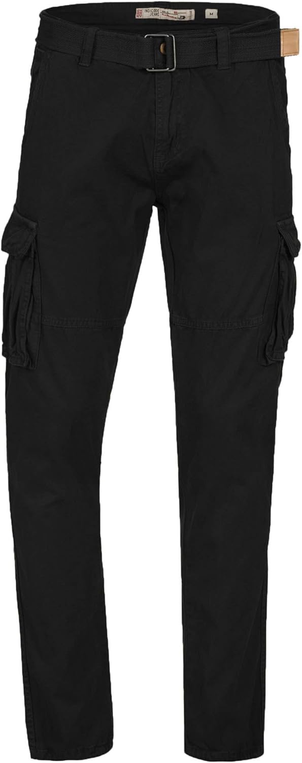 Indicode Herren William Cargohose aus Baumwolle m. 7 Taschen inkl. Gürtel | Outdoorhose L Schwarz, L
