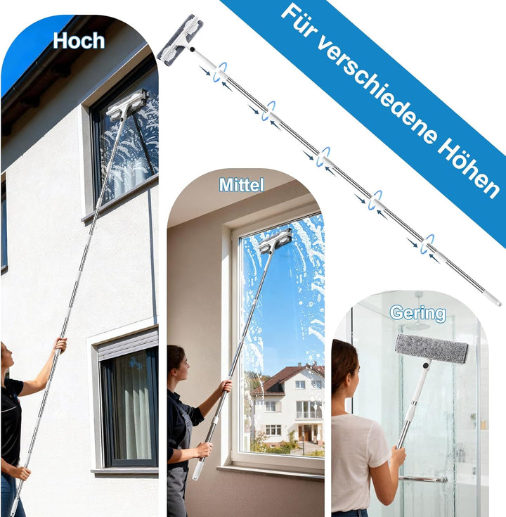 3,85m Teleskop Fensterwischer Set, 2 in 1 Profi Fensterputzer Set, Teleskopstange Fensterreinigung m