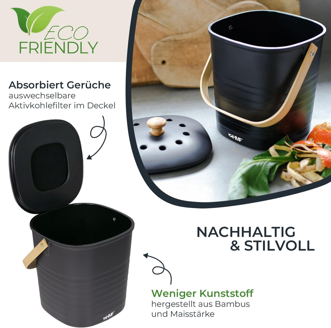 HMF Nachhaltiger Biomülleimer Küche, Geruchsdichter Komposteimer mit Deckel | 6 Liter | Schwarz Schw
