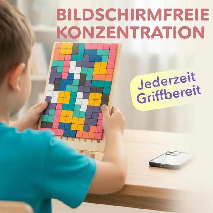 Montessori Holzpuzzle Tetris-Stil – 42 Teile Gehirntraining Blöcke mit nummeriertem Brett (1-10) & 1