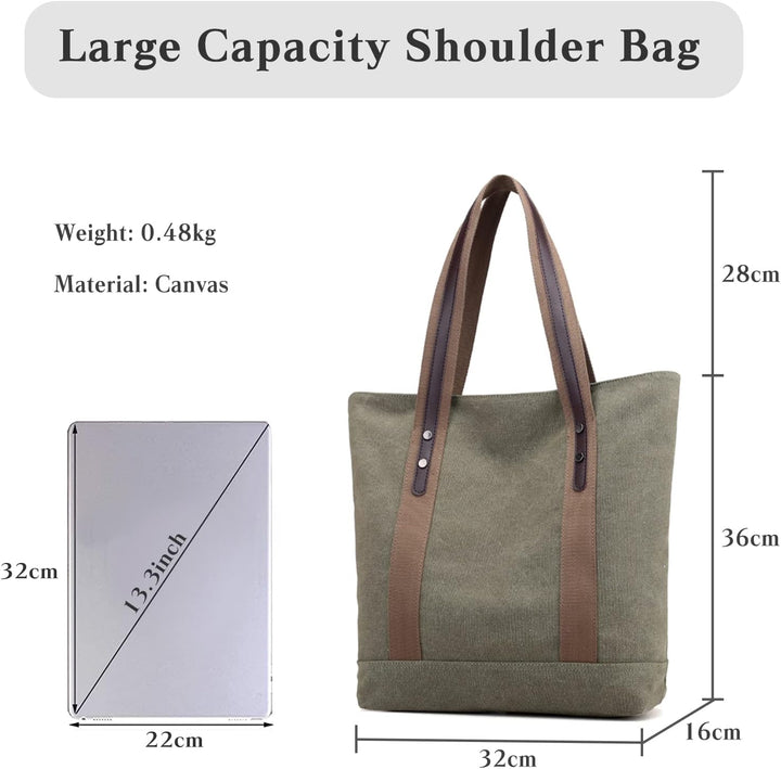 PORRASSO Damen Schultertasche Gross Canvas Handtasche Mode Tote Henkeltasche für Schule Arbeit Einka
