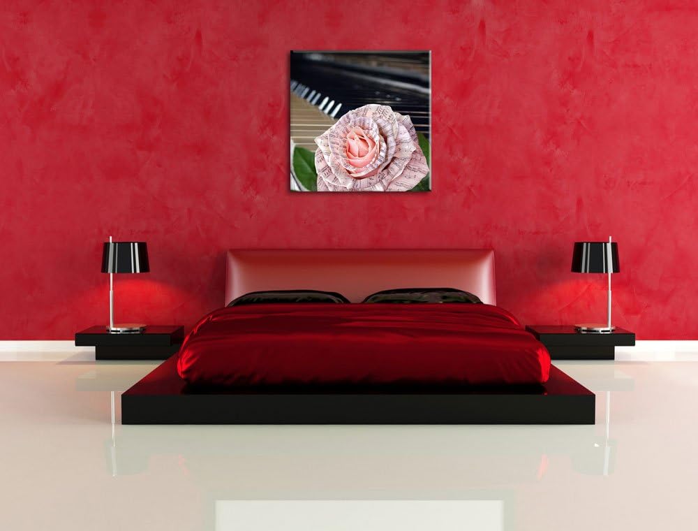 Pixxprint Noten auf zarter Rose neben Klavier, Format: 70x70 auf Leinwand, 70x70
