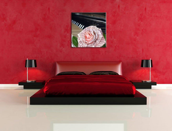 Pixxprint Noten auf zarter Rose neben Klavier, Format: 70x70 auf Leinwand, 70x70