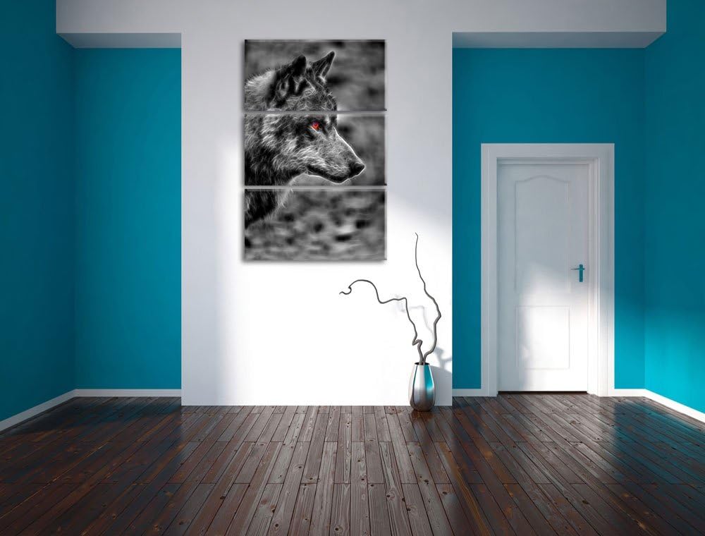 anmutiger Wolf im Wald schwarz/weiss Deluxe 3-Teiler Leinwandbild 120x80 Bild auf Leinwand, XXL ries