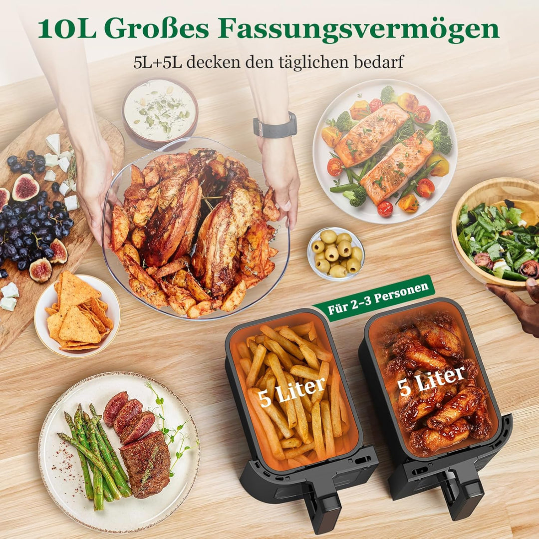 Heissluftfritteuse 2 Kammern | 10L Airfryer mit Sichtfenster Zweizonen Temperatur Separat Regeln, 8-