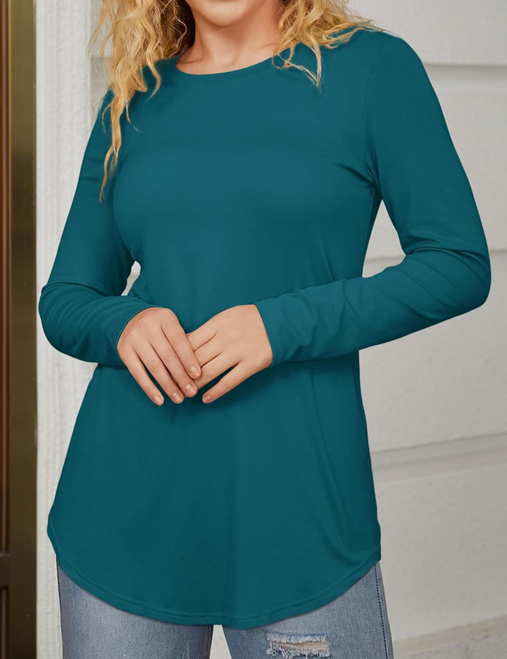 Beluring T-Shirt Damen Lässig Kurzarm/Langarm Oberteile Rundhals Longshirt M Pfauenblau, M Pfauenbla