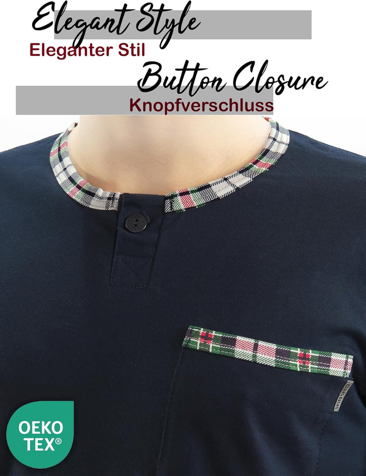 sesto senso Herren Schlafanzug Lang Baumwolle Pyjama Langarm Shirt mit Tasche Pyjamahose Zweiteilig