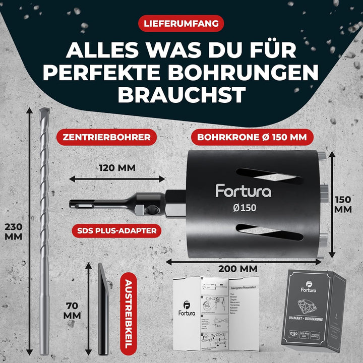 Fortura Kernbohrer/Bohrkrone Ø50-162mm / 200mm Länge/SDS Plus/Dosenbohrer/Diamantbohrkrone/Bohrkrone