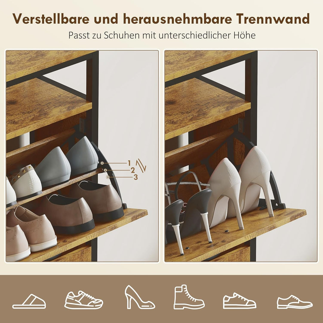 HOMCOM Schuhschrank mit 4 Klappen Schmal Schuhkipper mit Verstellbar Trennwand, offenem Fach Schuhre