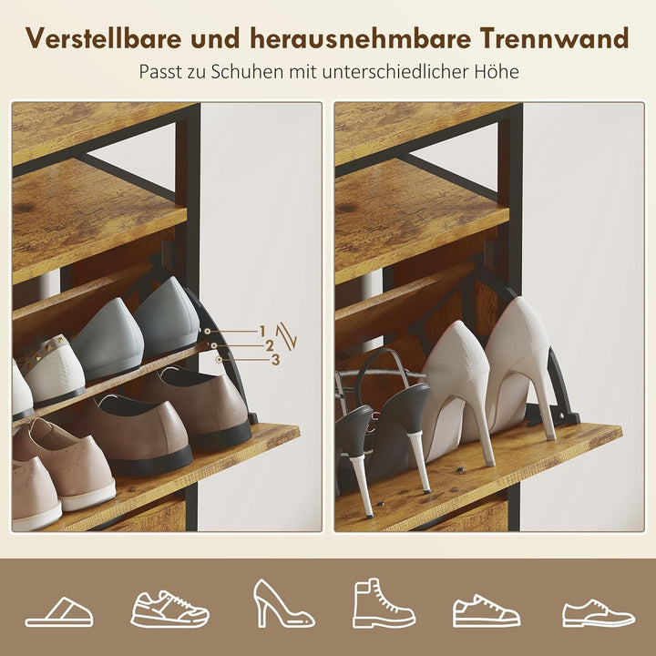 HOMCOM Schuhschrank mit 4 Klappen Schmal Schuhkipper mit Verstellbar Trennwand, offenem Fach Schuhre