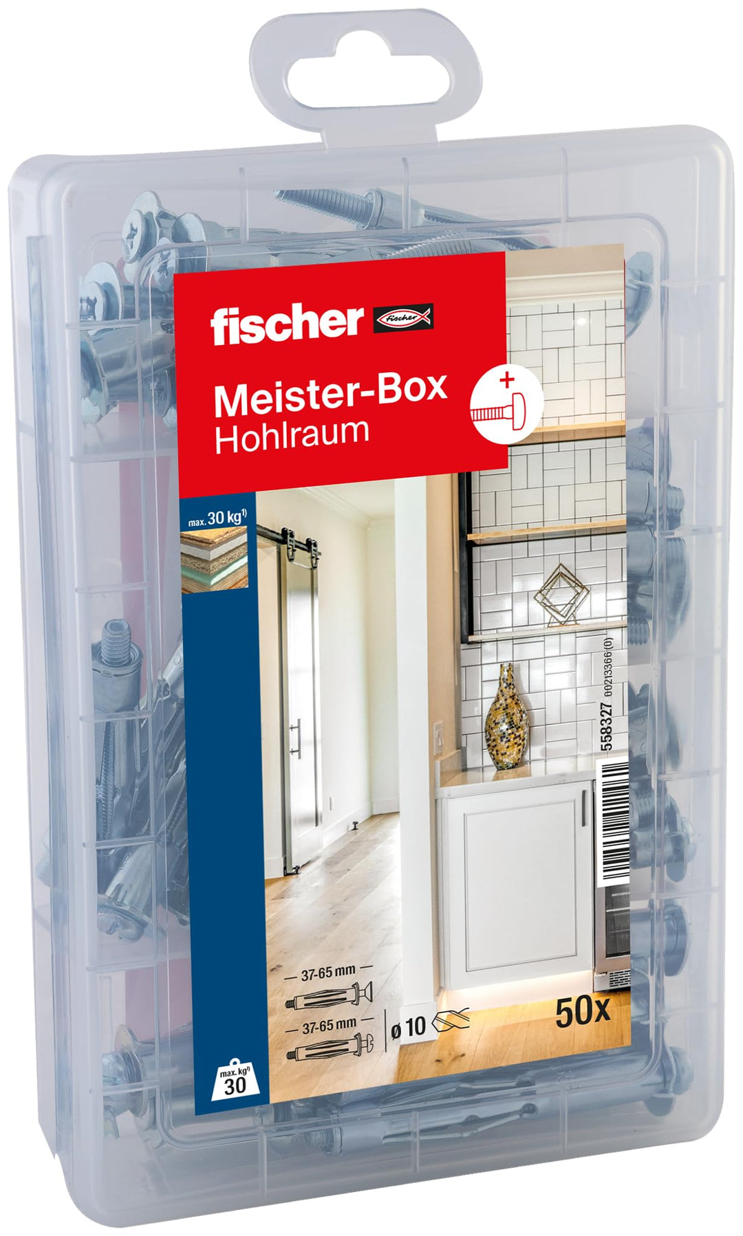 fischer MEISTER-BOX Hohlraumdübel, Sortimentsbox mit 50 Hohlraummetalldübeln und Schrauben, praktisc