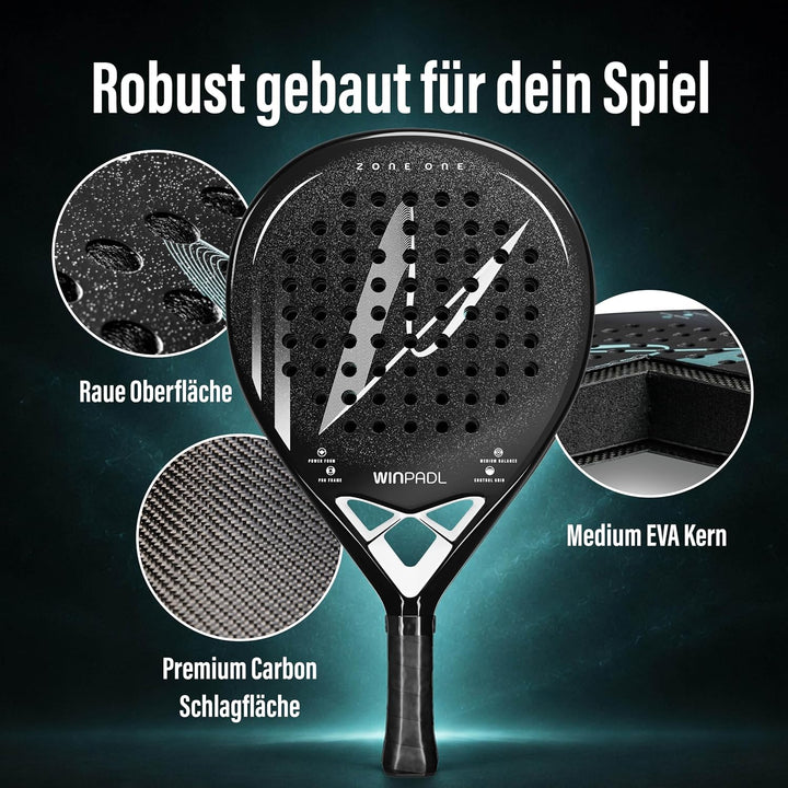 Padelschläger Zone One aus Carbonfaser - 100% Carbon-Rahmen, Soft-Eva-Kern, 365 g, Tropfenform, raue