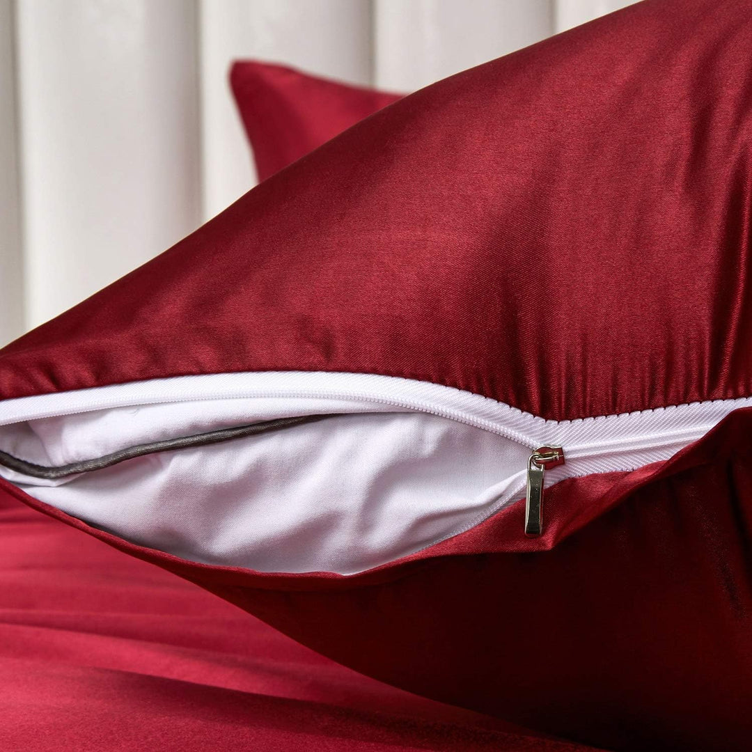 Boqingzhu Bettwäsche Seide Rot 200x220cm Weinrot Glatt Glänzend Satin Bettwäsche Set Bettbezug mit R