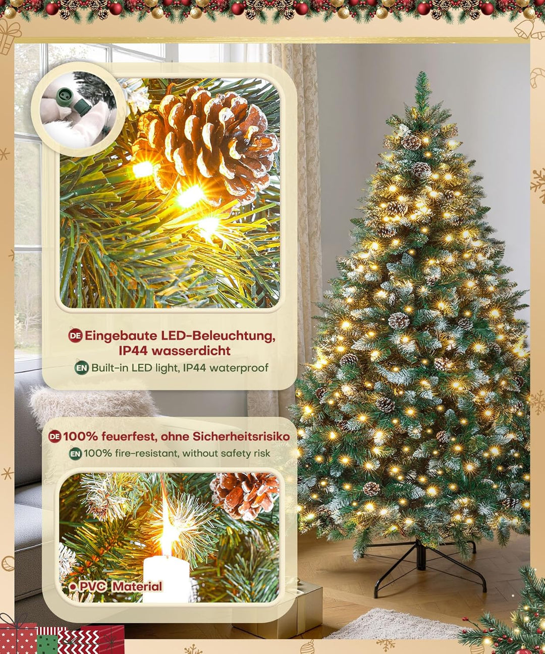 Yorbay künstlicher Weihnachtsbaum mit Beleuchtung weiss Schnee LED Tannenbaum für Weihnachten-Dekora