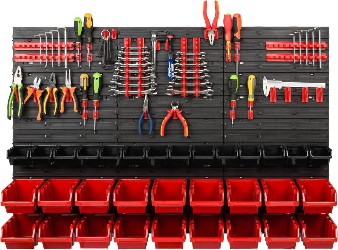 Lagersystem Werkstattregal | 117 x 78 cm | 32 stck. Box | Wandregal mit Werkzeughalterungen und Stap
