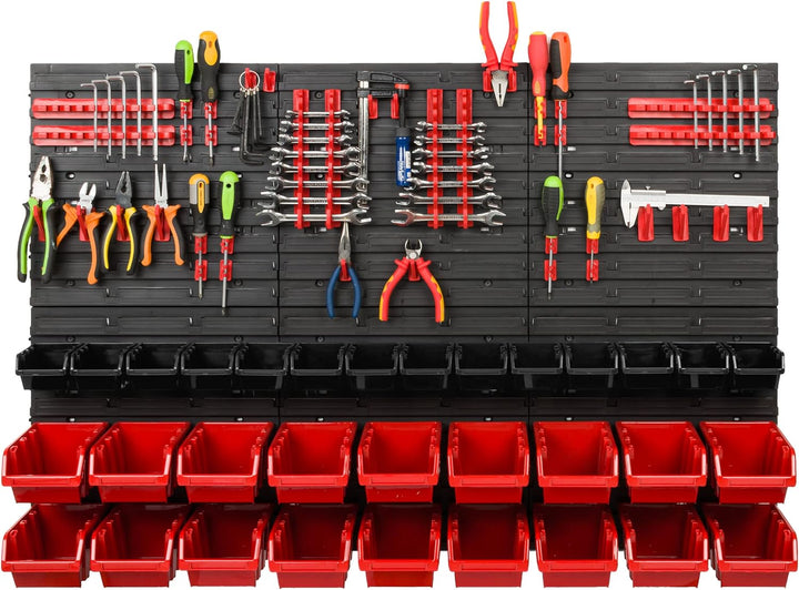 Lagersystem Werkstattregal | 117 x 78 cm | 32 stck. Box | Wandregal mit Werkzeughalterungen und Stap