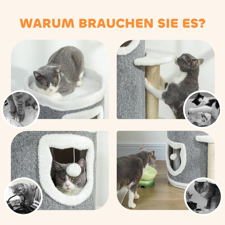 PawHut Kratztonne, 101 cm hoch Katzentonne mit Höhle, Spielball, Plüschrand, mehrstöckig Kratzbaum m