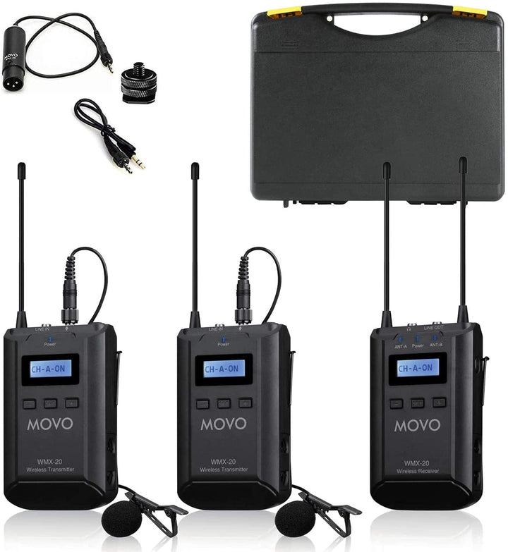 Movo WMX-20 48-Kanal-UHF-Drahtlos-Lavaliermikrofonsystem mit 1 Empfänger, 1 Sender und 1 Ansteckmikr