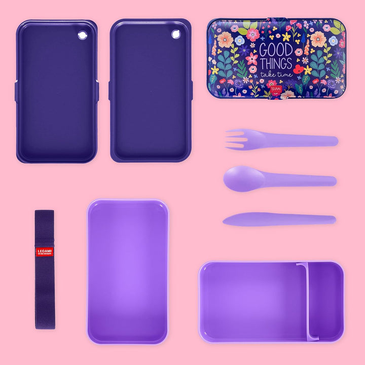 Legami - Lunchbox mit 3 Bestecken und Besteckhalter, Thema Blumen, Fassungsvermögen 1200 ml, mikrowe