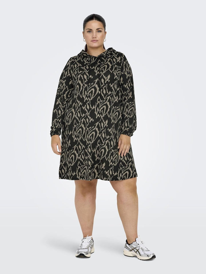 ONLY Carmakoma Damen Caralba Ls Hood Knee Dress JRS Kleid XL Grosse Grössen Black/Aop:graphic Humus,