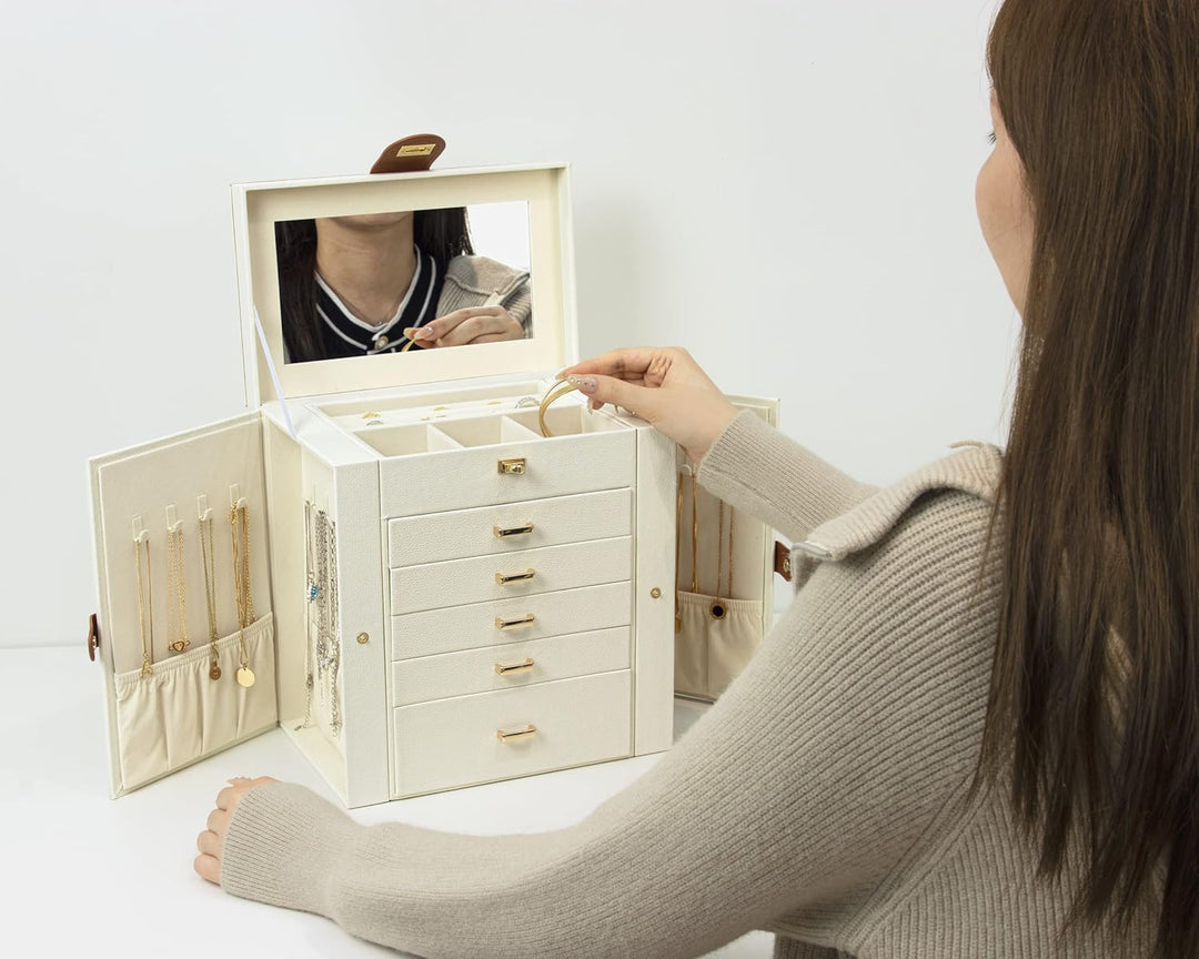 KAMIER Schmuckkästchen für Damen, grosse Schmuckschatulle mit 6 Ebenen, Schmuckbox mit Spiegel und 5