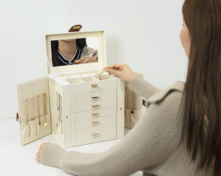 KAMIER Schmuckkästchen für Damen, grosse Schmuckschatulle mit 6 Ebenen, Schmuckbox mit Spiegel und 5