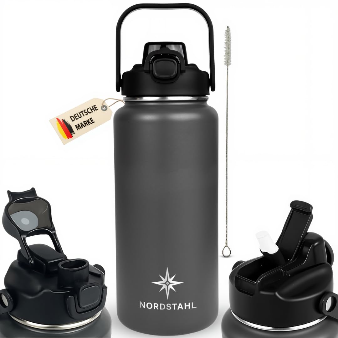 Thermosflasche 2L | 2-in-1 Deckel mit Strohhalm | 100% Spülmaschinenfest | 24h Eiskalt | 6h brennend