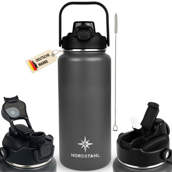 Thermosflasche 2L | 2-in-1 Deckel mit Strohhalm | 100% Spülmaschinenfest | 24h Eiskalt | 6h brennend