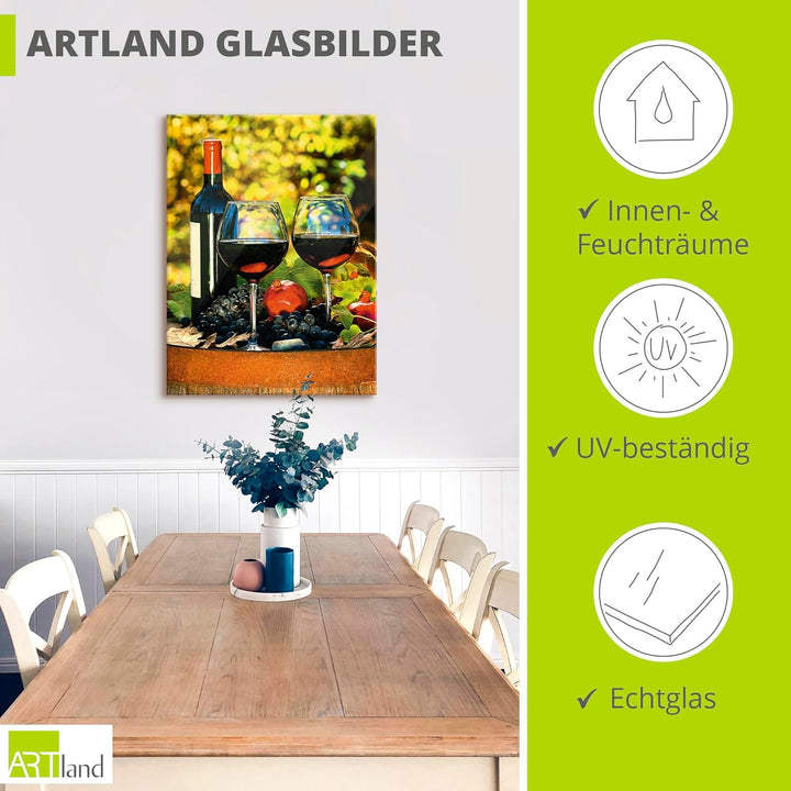 ARTland Glasbilder Wandbild Glas Bild einteilig 60x80 cm Hochformat Toskana Italien Rotwein Früchte