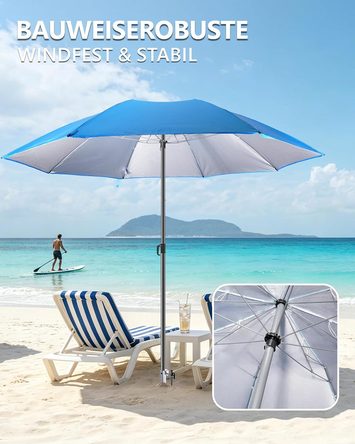 4smile Sonnenschirm Strand Ø 180 cm SET mit Eindrehbodenhülse, Blau | Strandschirm Windfest Stabil m