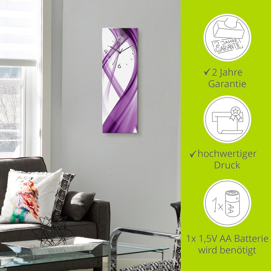 ARTLAND Wanduhr ohne Tickgeräusche Glas Funkuhr 20x60 cm Rechteckig Lautlos Design Abstrakt Kunst Bu