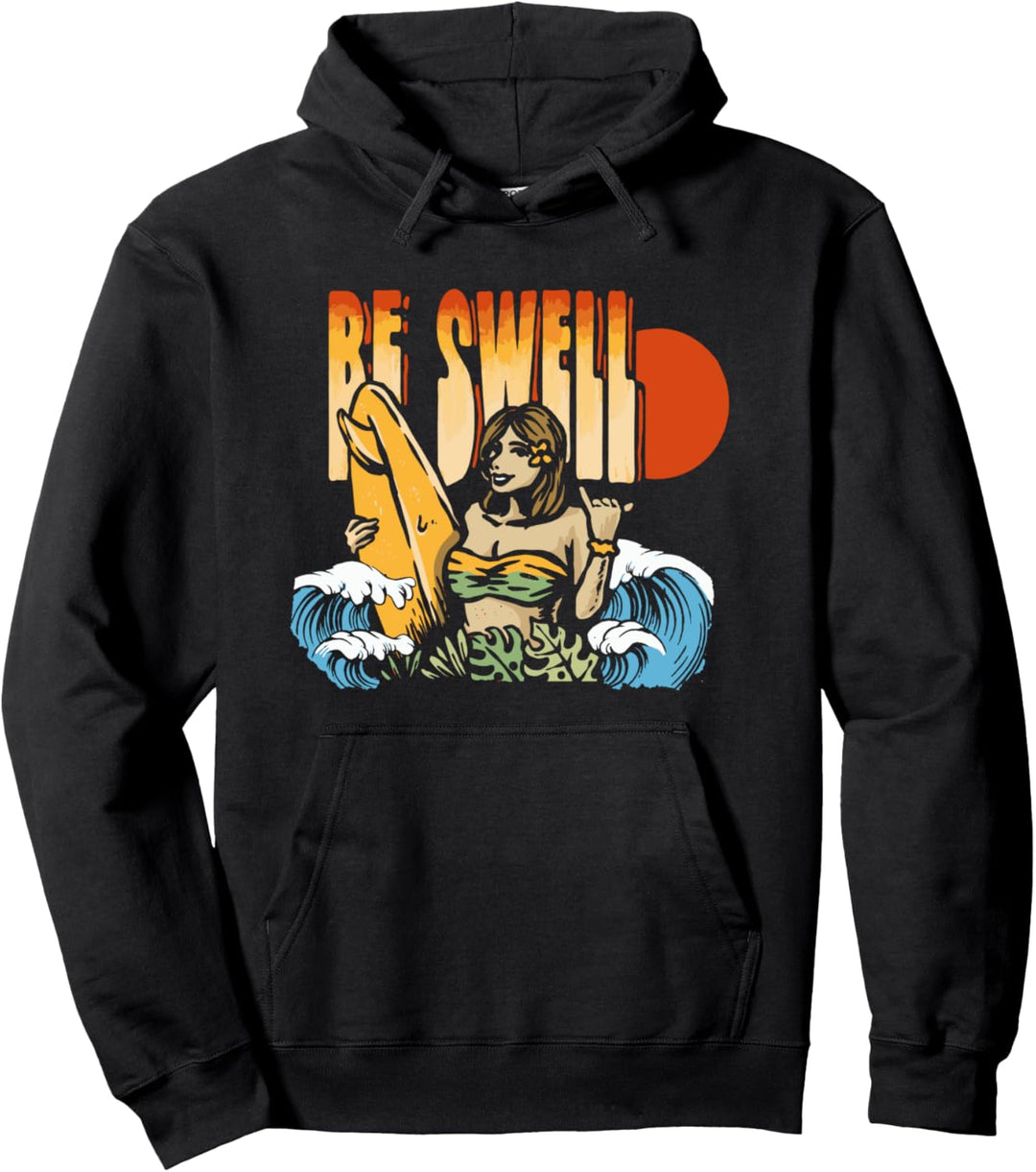 Be Swell Vintage Surf Girl Retro Eighties Graphic Pullover Hoodie