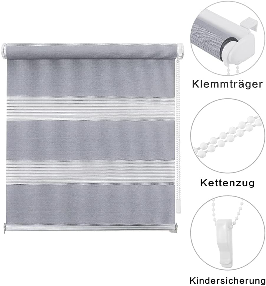 Eurohome Doppelrollo Klemmfix ohne Bohren, Duo Rollo,40cm x 130cm (Stoffbreite 36 cm) Hellgrau Trans